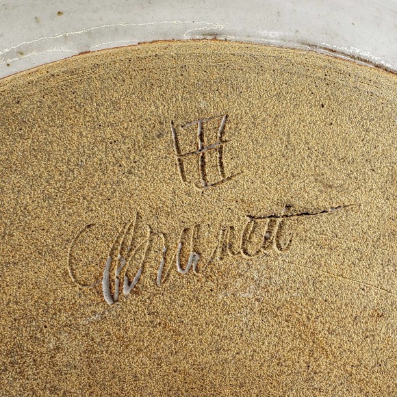 Stoneware Artisan Ceramic Blue Cream Hearts Bowl Dish Signed w/handles - Picture 3 of 3